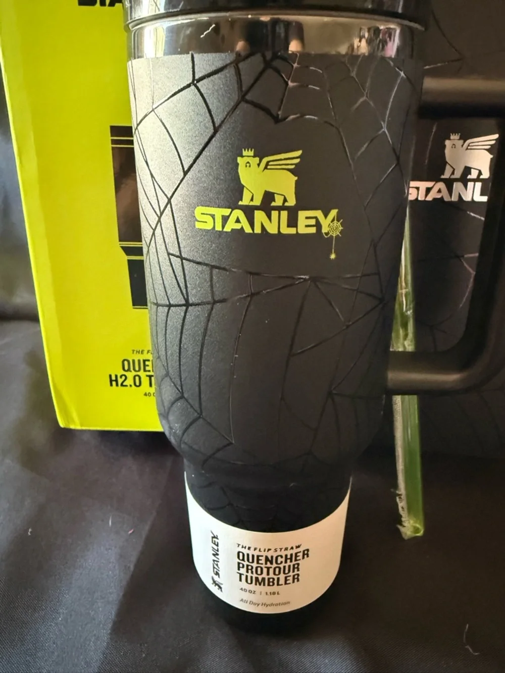 New Stanley 40oz Black Neon Green Spider Web Special with Neon Green Straw - Picture 2 of 12